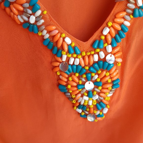 👚Trina Turk  100% Silk Orange Beaded V Neck Tunic Top Blouse - Picture 14 of 14